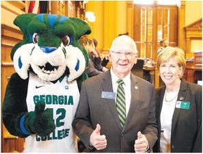 GCSU Mascot Thunder, State Sen. Rick Williams and GCSU President Cathy Cox pose together. CONTRIBUTED