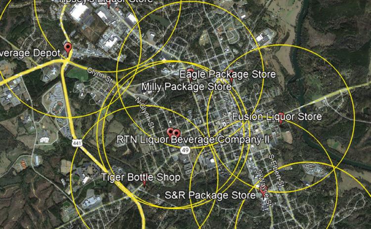 Yellow circles show the radius of 1,500 yards around existing liquor stores, showing that the new ordinance would not immediately allow for any new licenses to be issued. CONTRIBUTED