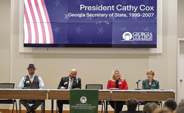 Symposium panelists Joseph Kirk, Zach Manifold, Rebecca Anglin and Georgia College President Cathy Cox Cathy Cox. COURTESY OF GCSU