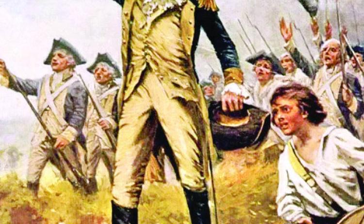 An artistic representation of Lafaryette titled Lafayette’s Baptism of Fire, by E. Percy Moran, c. 1909. COURTESY OF BRITANNICA