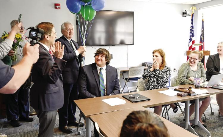 GCSU Provost and Vice President for Academic Affairs Dr. Costas Spirou announces the news during one of Axel Hawkin’s classes. COURTESY OF GCSU