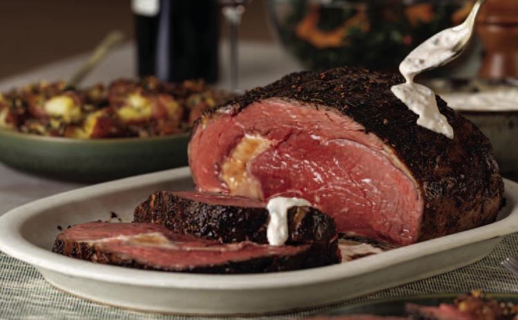 Pepper-Crusted Prime Rib with Creamy Horseradish Sauce and Crushed Potatoes