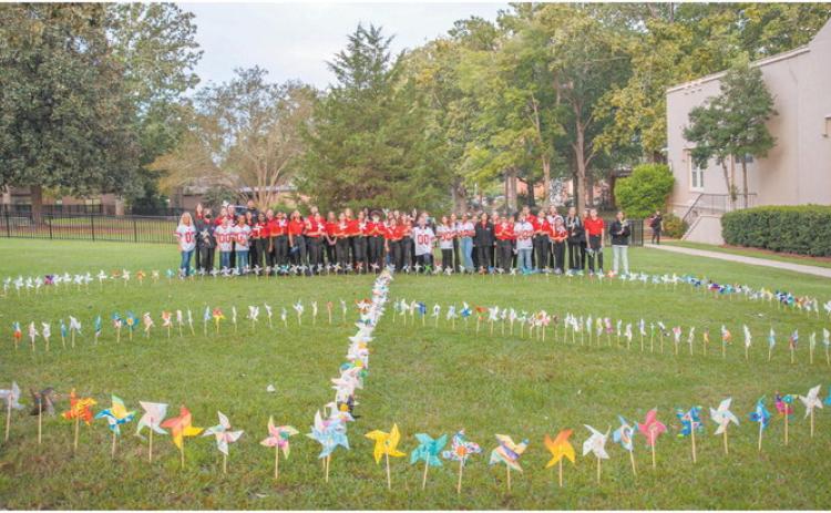 Georgia Military Prep students planted 350 pinwheels on Sept. 21 on the west lawn of the GMC campus, between the Sibley Cone Library and the Old Capitol Building. CONTRIBUTED