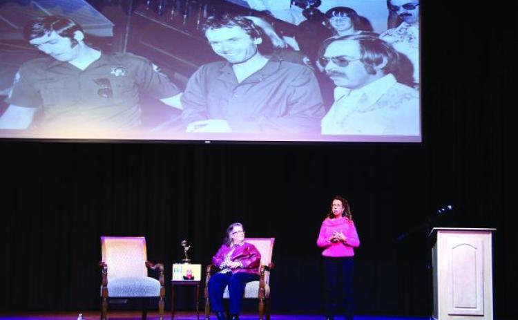 Joined onstage at The Plaza by Sheryl McCollum (seated), founder and director of the Cold Case Investigative Research Institute and emcee for the evening, serial killer survivor Kathy Kleiner-Rubin gave a moving, occasionally disturbing, and always revealing presentation Jan. 12-13 at The Plaza Arts Center in Eatonton. IAN TOCHER/Staff