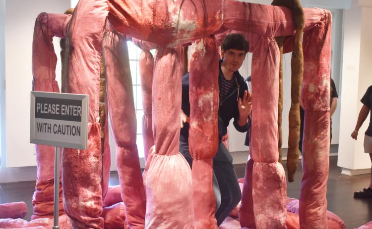 An attendee peeks out of Elaina Perez's untitled piece. | BAILEY MCCULLY/Staff