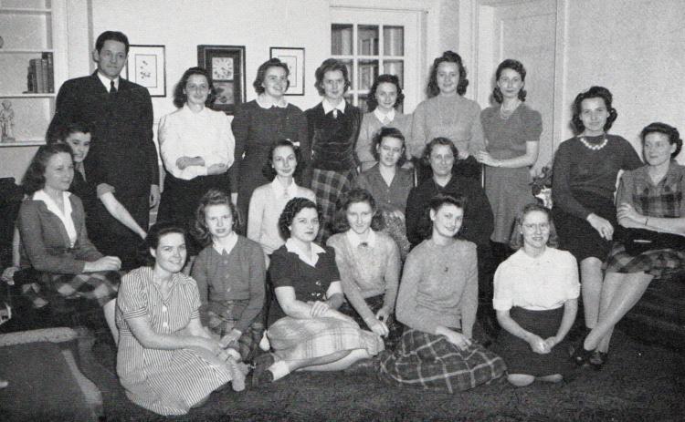 Gertrude Ehrlich's class photo from the GSCW 'Spectrum' yearbook circa 1943, Gertrude Ehrlich (second from left, rear) in the GSCW Math Club group photo. | COURTESY OF GEORGIA COLLEGE
