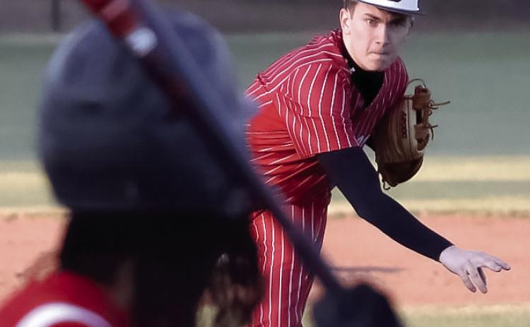 GMCP senior starting pitcher Jonas Crager struck out seven Baldwin Braves and allowed zero hits in GMCP’s 22-1 mercy rule win last Monday night in Milledgeville. TREY NORRIS/Staff