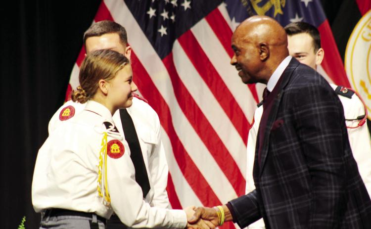 Maj. Gen. Ronald L. Johnson shook hands with some of the Corps of Cadets students after delivering his speech on Friday. SKYLA MORRIS/Staff