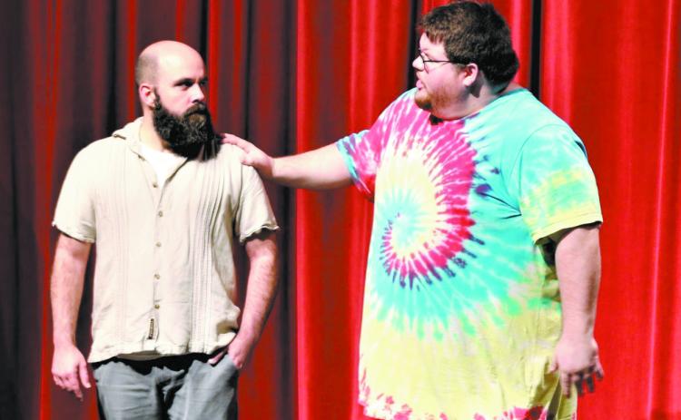 Nick Thompson and Zack Pursley rehearse as Claudius and Polonius. COURTESY OF GMC