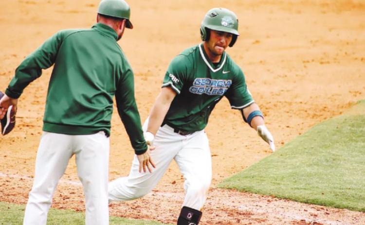 Sophomore Palmer Sapp celebrates his three-run home run in game two of the series against the USC Aiken Pacers. COURTESY OF GC ATHLETICS