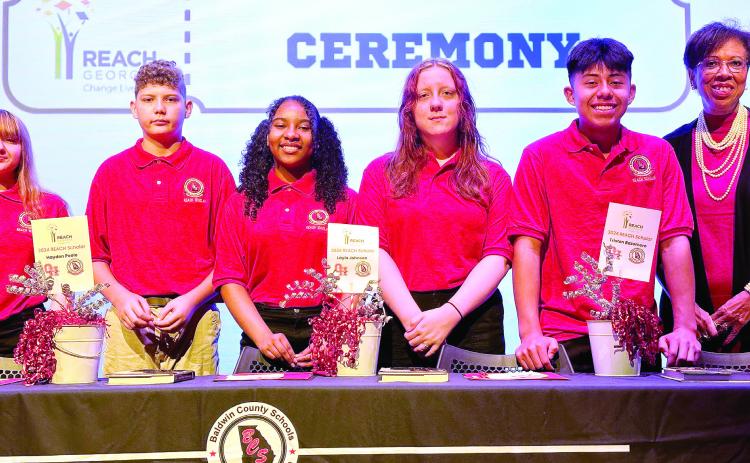 The 2024 REACH scholars: Kalli Suggs, Hayden Poole, Layla Johnson, Tristen Bazemore, and Dustin Aragon-Perez with Baldwin County Superintendent Dr. Noris Price. CONTRIBUTED