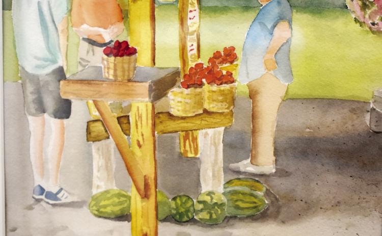 Audrey Crumbly won first place in the Plein Air event with her painting depicting a farmers market.