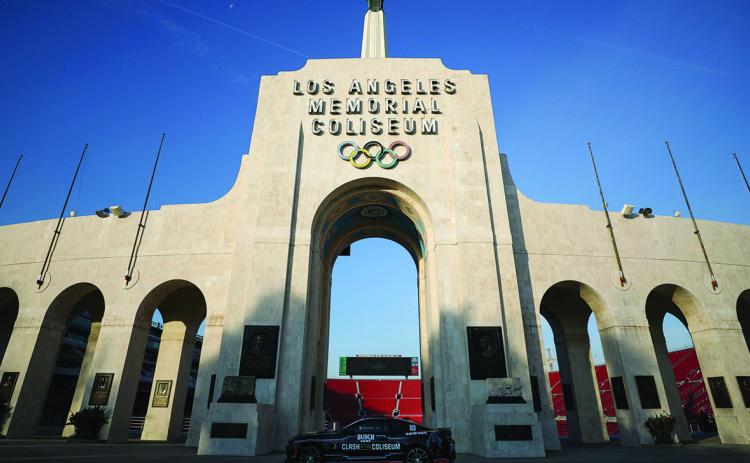 The pace car is displayed at the groundbreaking ceremony ahead of Sunday’s 2023 Busch Light Clash at The Coliseum at 8 p.m. ET at Los Angeles Memorial Coliseum. Meg Oliphant photos/Getty Images