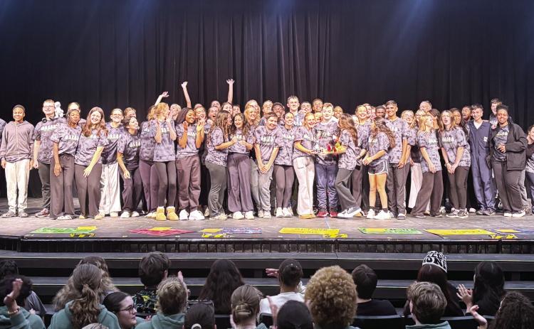 “Beetlejuice the Musical” cast celebrate their seventh state championship at One Act competition in Harris County. COURTESY OF GMC
