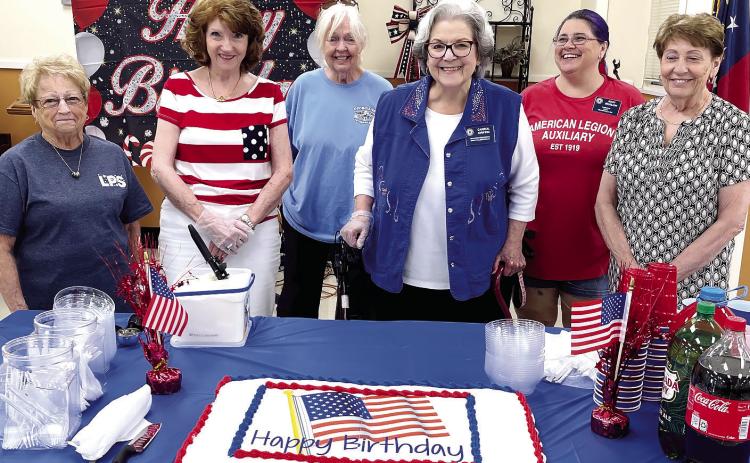 American Legion Auxiliary units and friends participated in a monthly birthday party on Aug. 16. They honored 19 veterans’ birthdays. In the picture above, Rose Hartley, Barbara Wade, Phyllis Humphrey, Carrol Griffin, Mary Bigelow and Joan Mayotte posed together around the birthday cake. CONTRIBUTED
