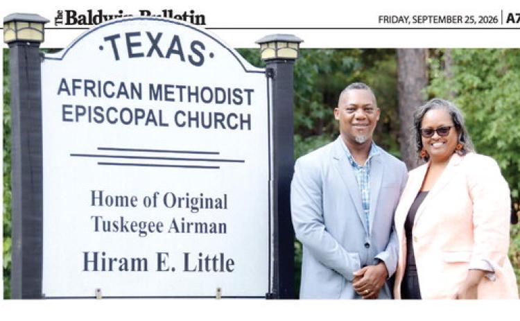 Grady and Simone Jones, pastor at Texas AME Church, were instrumental in helping make the soon-tobe revealed bronze statue of Tuskegee Airman Hiram Little a reality for Eatonton. An open-to-the-public unveiling ceremony is scheduled for 11 a.m. Sept. 30 at the Veterans Wall of Honor Park alongside East Marion Street, near The Hut.