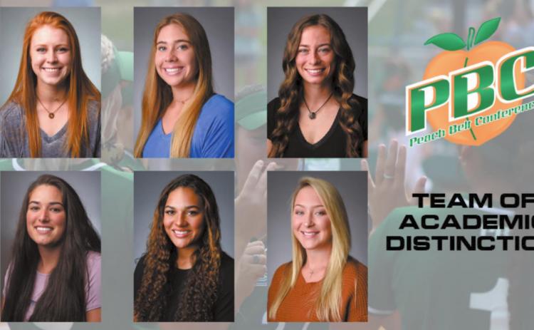 Left to right on the top: Carlie Behan, Sydney Newberry and Katelyn Hobbs. Bottom: Brooke Lougher, MacKenzie Hoffman and Ashley Schell. COURTESY OF GC ATHLETICS