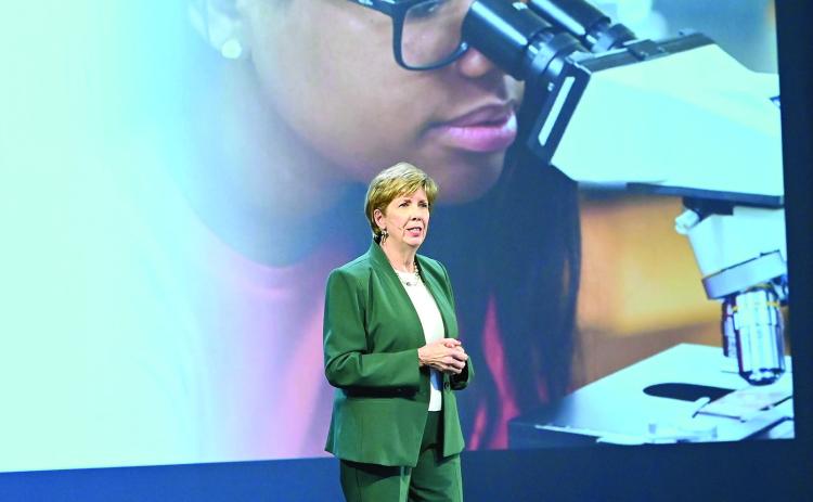 GCSU President Cathy Cox discusses GCSU’s new focus during the State of the University Address. ANNA LEAVITT/Contributed