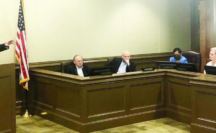 Jim Frazier of Sanctuary Cannabis speaks to the Milledgeville City Council regarding the company’s plans and construction of the facility. GREENBERRY MOORE/Staff