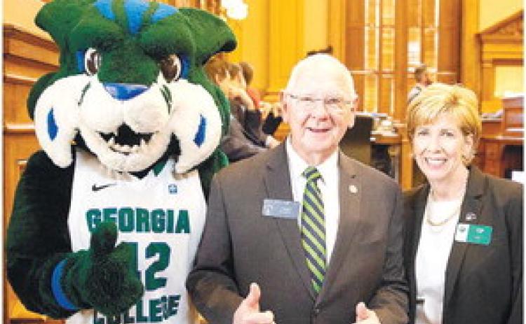 GCSU Mascot Thunder, State Sen. Rick Williams and GCSU President Cathy Cox pose together. CONTRIBUTED