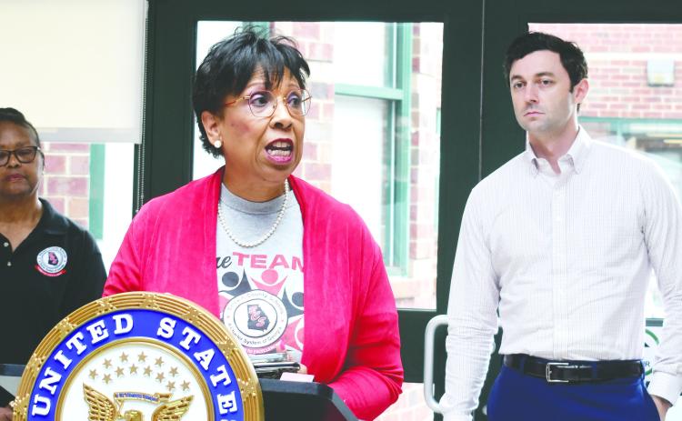 Baldwin County Superintendent Noris Price speaks about the importance of the Head Start program and highlights that Baldwin County has faced many issues in the program regarding funding and space throughout the years that this grant will assist with as U.S. Sen. Jon Ossoff looks on.