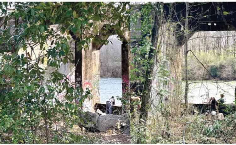 On the left is an older man bent over as he fishes. On the right a young student leans against his backpack while reading a book. The photos show overlap in how individuals use space at the Oconee River Greenway, with both individuals finding a private moment at the same spot, 15 minutes apart. ELLA CLAIRE BEASON/CONTRIBUTED