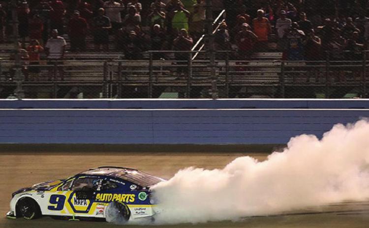 Chase Elliott leaves his mark on ‘Music City’ with a sweet burnout at Nashville Superspeedway after scoring the win in Sunday’s lightning-delayed Ally 400. (Getty Images)