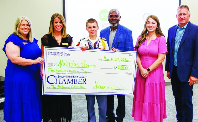 Pictured from left to right: Carrie Dietrich (judge), Kara Lassiter (MBC Chamber president &amp; CEO), Nicholas Harris (winner), Anthony Fields (judge), Chelsey Brantley (judge) and Greg Mullis (representative from the title sponsor, Tri-County EMC and Tri-CoGo). CONTRIBUTED
