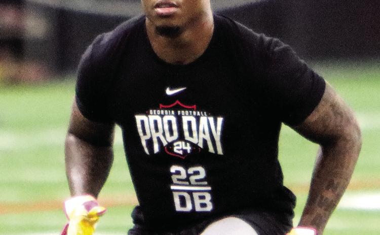 Javon Bullard goes through a defensive drill at Georgia’s Pro Day on March 13. LANCE McCURLEY/Staff