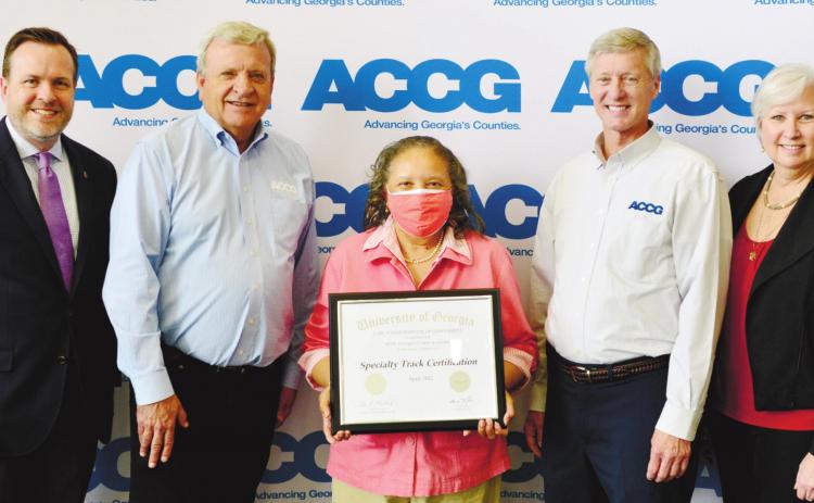 Pictured from left to right: Rob Gordon, Director of the Carl Vinson Institute of Government at the University of Georgia; ACCG Past President and Bartow County Sole Commissioner Steve Taylor; Baldwin County Commissioner Emily Davis; ACCG Executive Director Dave Wills; and Mara Shaw, Associate Director of the Carl Vinson Institute of Government at the University of Georgia. CONTRIBUTED