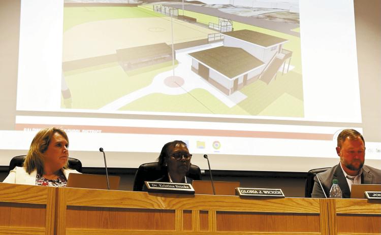 The Baldwin County School Board recently voted unanimously to overhaul the ailing baseball/ softball complex on the Oak Hill Middle School campus. Pictured, from left, are Superintendent Kristina Brooks and school board members Gloria Wicker and John Jackson. CHRISTIAN McKEARNEY/Staff