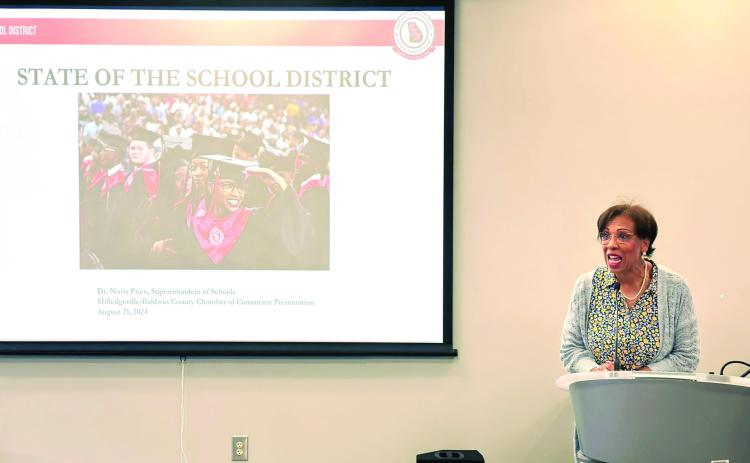 Baldwin County Superintendent Dr. Noris Price speaks at Eggs and Issues Aug. 21 at Central Georgia Technical College. CONTRIBUTED